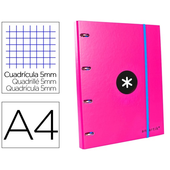 Carpeta con recambio liderpapel antartik a4 cuadro 5 mm forrada 4 anillas 25mm redondas color rosa