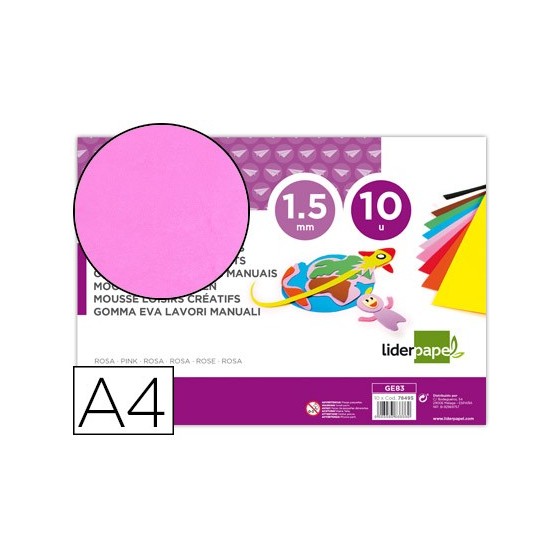 Goma eva liderpapel din a4 60g/m2 espesor 1,5mm rosa paquete de 10 hojas