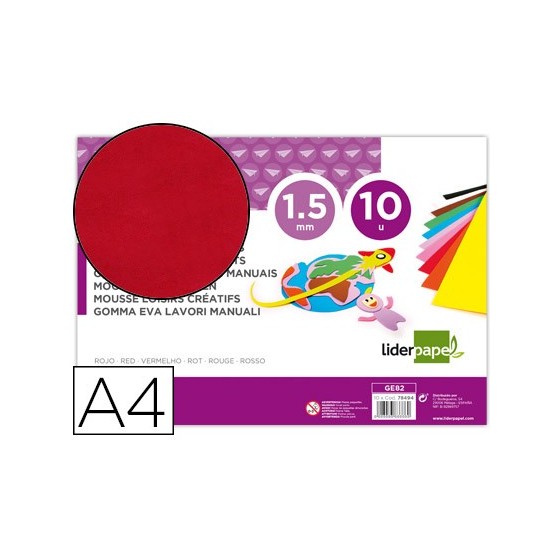 Goma eva liderpapel din a4 60g/m2 espesor 1,5mm rojo paquete de 10 hojas