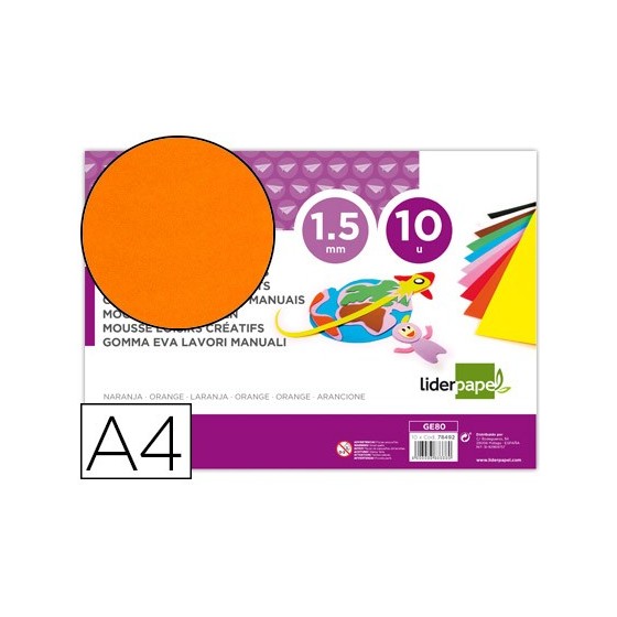 Goma eva liderpapel din a4 60g/m2 espesor 1,5mm naranja paquete de 10 hojas