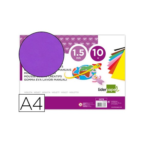 Goma eva liderpapel din a4 60g/m2 espesor 1,5mm violeta paquete de 10 hojas