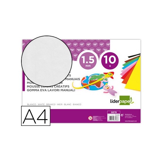 Goma eva liderpapel din a4 60g/m2 espesor 1,5mm blanco paquete de 10 hojas
