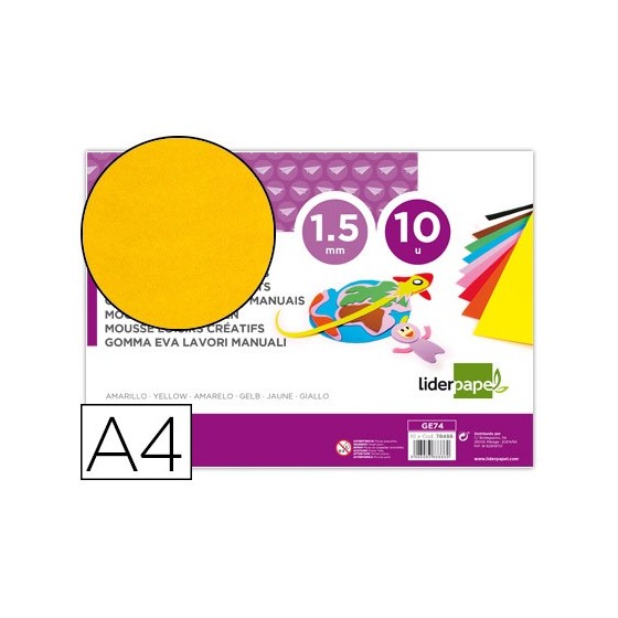 Goma eva liderpapel din a4 60g/m2 espesor 1,5mm amarillo paquete de 10 hojas