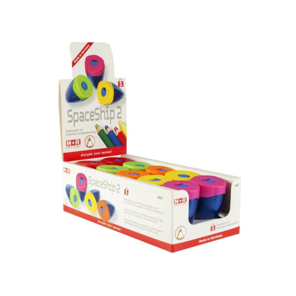 Sacapuntas m+r plastico jumbo un uso con deposito y tapa de segurdad colores surtidos