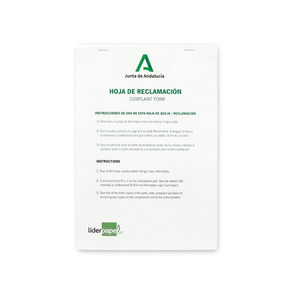 Libro liderpapel hojas de reclamaciones junta de andalucia din a4 25 juegos original + 2 copias