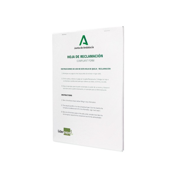 Libro liderpapel hojas de reclamaciones junta de andalucia din a4 25 juegos original + 2 copias