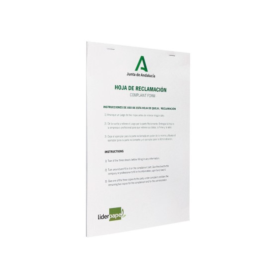 Libro liderpapel hojas de reclamaciones junta de andalucia din a4 25 juegos original + 2 copias