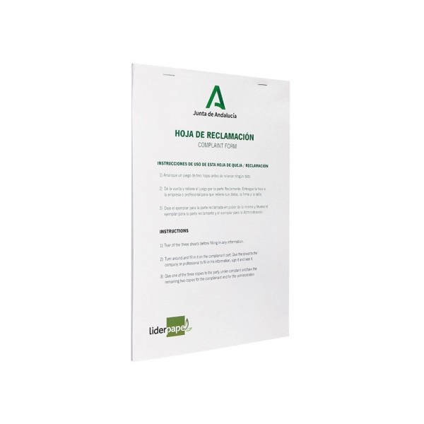 Libro liderpapel hojas de reclamaciones junta de andalucia din a4 25 juegos original + 2 copias