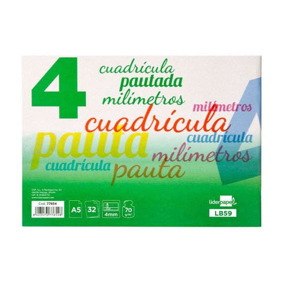 Libreta liderpapel pautaguia tapa cartoncillo 32 hojas din a5 70 g cuadriculado pautado 4 mm apaisado con margen