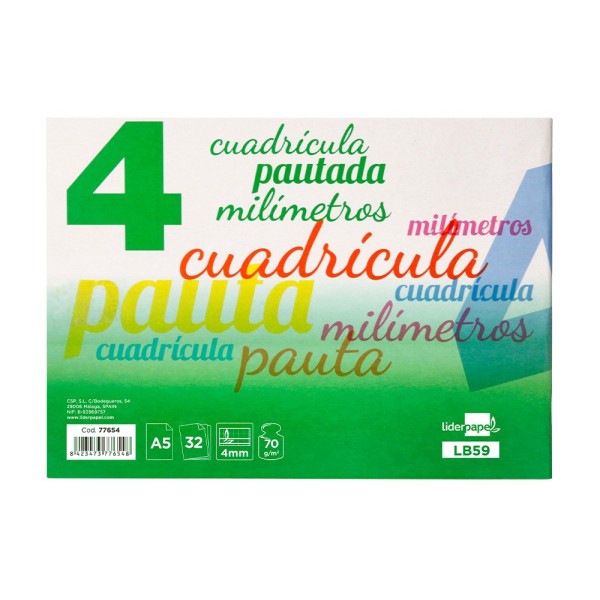 Libreta liderpapel pautaguia tapa cartoncillo 32 hojas din a5 70 g cuadriculado pautado 4 mm apaisado con margen