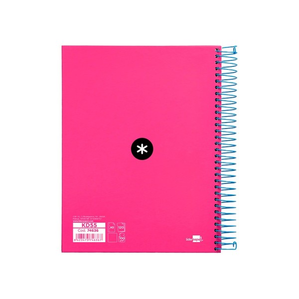 Cuaderno espiral liderpapel a5 micro antartik tapa forrada 120h 100 gr liso con bandas 6 taladros color rosa fluor