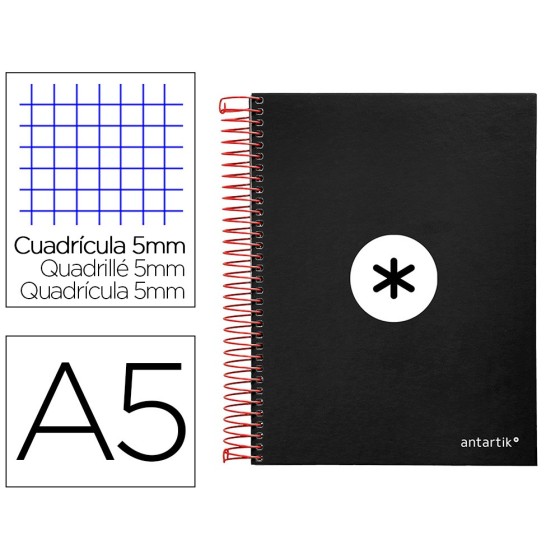 Cuaderno espiral liderpapel a5 micro antartik tapa forrada120h 100 gr cuadro 5mm 5 bandas 6 taladros color negro