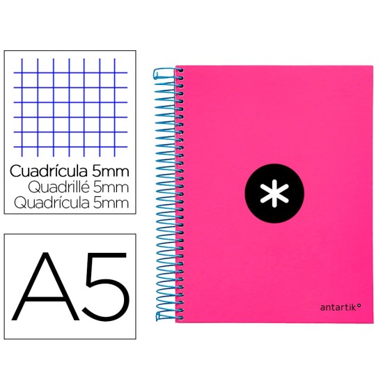 Cuaderno espiral liderpapel a5 micro antartik tapa forrada120h 100 gr cuadro 5mm 5 bandas 6 taladros color rosa
