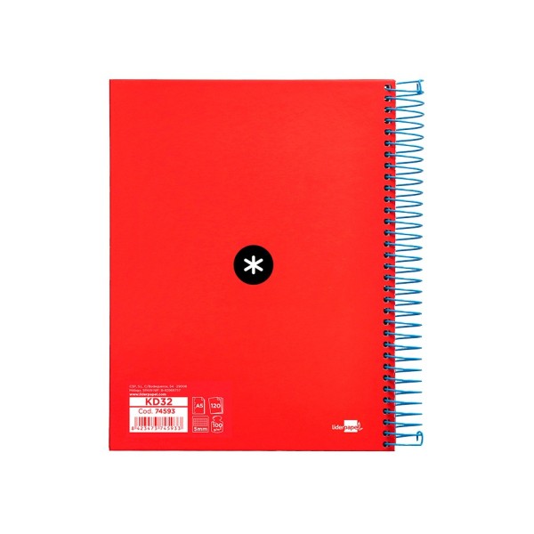 Cuaderno espiral liderpapel a5 micro antartik tapa forrada120h 100 gr cuadro 5mm 5 bandas 6 taladros color rojo
