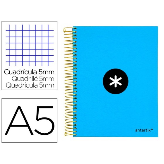 Cuaderno espiral liderpapel a5 micro antartik tapa forrada120h 100 gr cuadro 5mm 5 bandas 6 taladros color azul