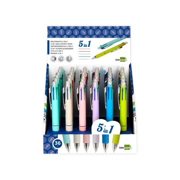 Boligrafo liderpapel 5 en 1 azul negro rojo verde 0,7m y portaminas 0,5mm