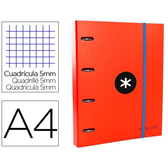 Carpeta con recambio liderpapel antartik a4 cuadro 5 mm forrada 4 anillas redondas 40mm color rojo