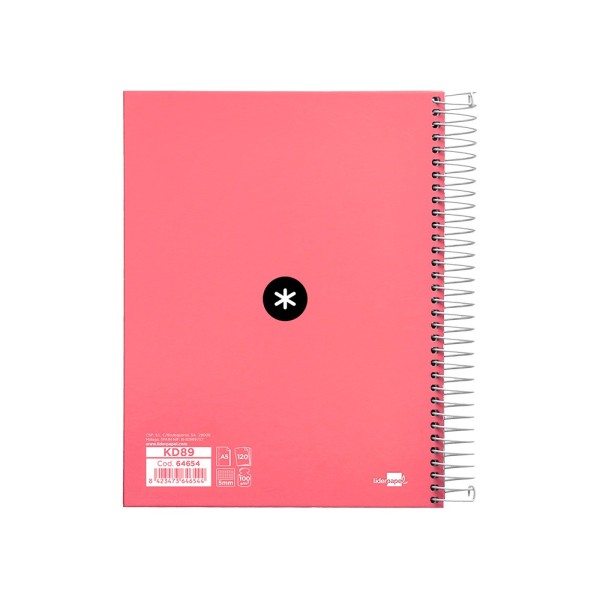Cuaderno espiral liderpapel a5 micro antartik tapa forrada120h 100 gr cuadro 5 mm 5 band6 taladros color coral