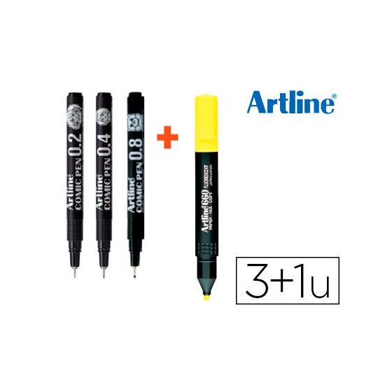 Rotulador artline comic pen calibrado micrometrico negro bolsa de 3 uds 0,2 0,4 0,8 + fluorescente 660