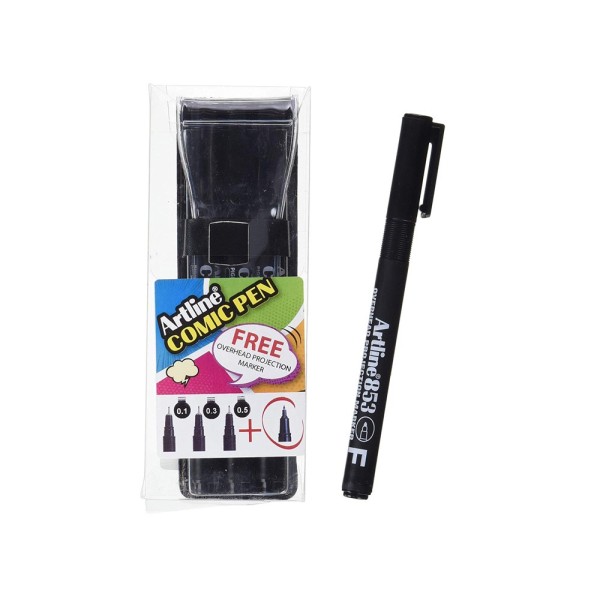 Rotulador artline comic pen calibrado micrometrico negro bolsa de 3 uds 0,2 0,4 0,8 + fluorescente 660