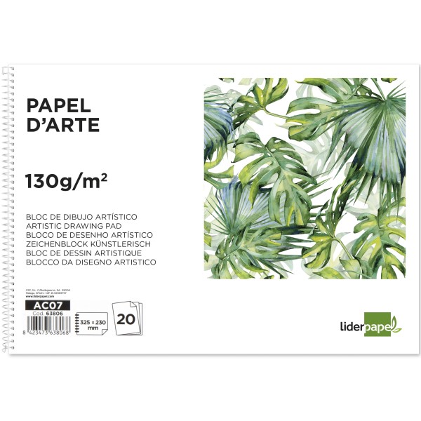 Bloc dibujo liderpapel artistico espiral 230x325mm 20 hojas 130g/m2 sin recuadro sin microperforado