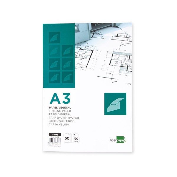 Bloc papel vegetal liderpapel encolado 297x420mm 50 hojas 90 g/m2