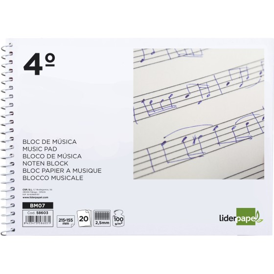 Bloc musica liderpapel combi pentagrama cuadriculado 2,5mm cuarto 20 hojas 100g/m2
