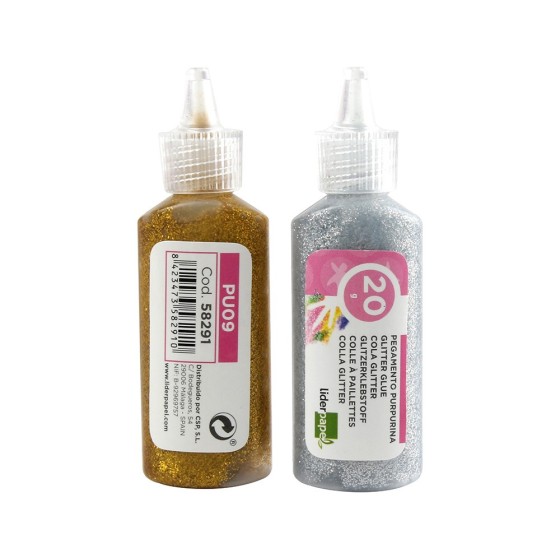 Purpurina pegamento liderpapel fantasia colores metalicos oro y plata bote de 20 gr