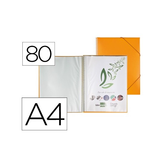 Carpeta liderpapel escaparate con espiral 80 fundas polipropileno din a4 naranja