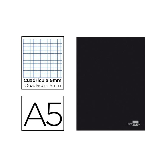 Libreta liderpapel tapa negra a5 80 hojas 60g/m2 cuadro 5mm con doble margen