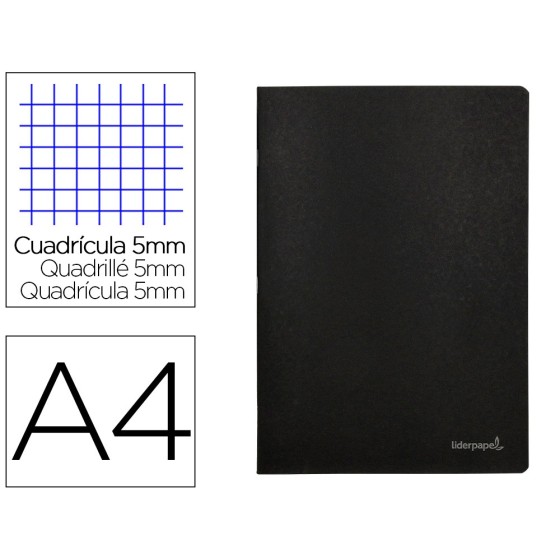Libreta liderpapel tapa negra a4 80 hojas 60g/m2 cuadro 5mm con doble margen