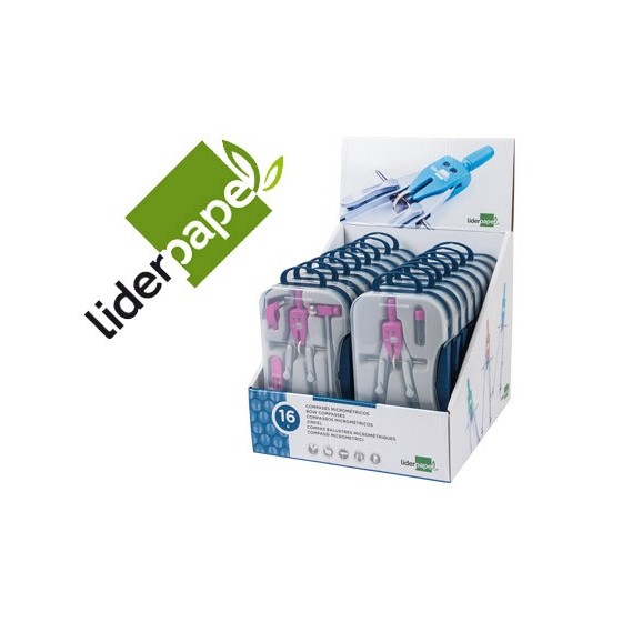 Compas liderpapel con adapatador alargadera y mango extra soft expositor de 16 estuches 2 modelos