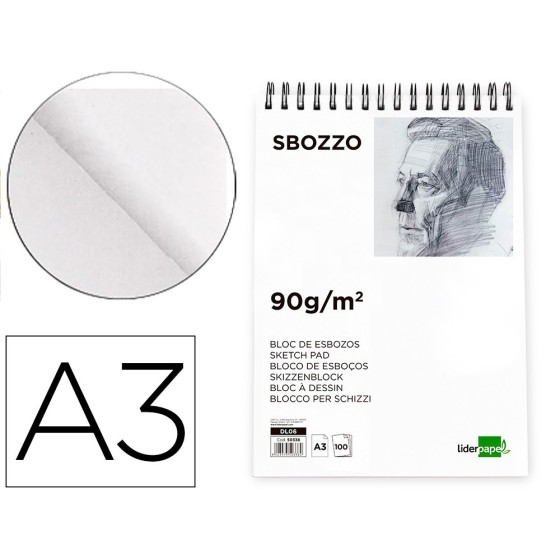 Bloc dibujo liderpapel esbozos espiral a3 297x420mm 100 hojas 90g/m2 sin recuadro