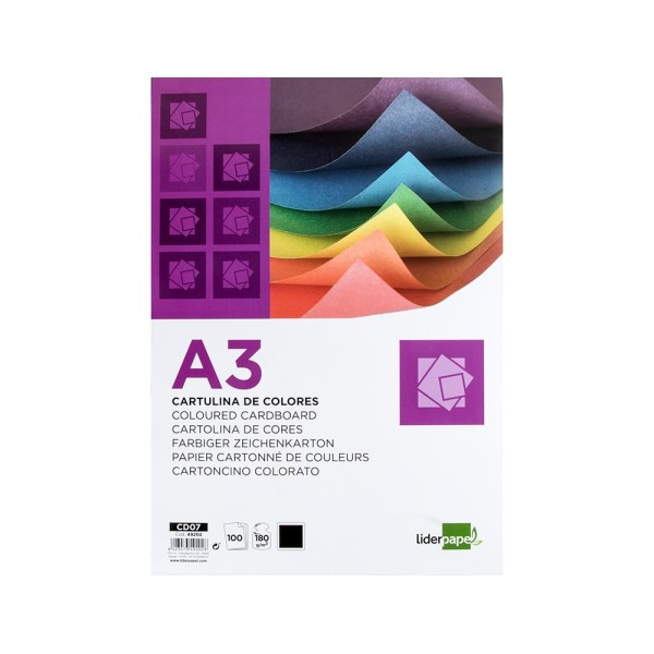Cartulina liderpapel a3 180g/m2 negro paquete de 100 hojas
