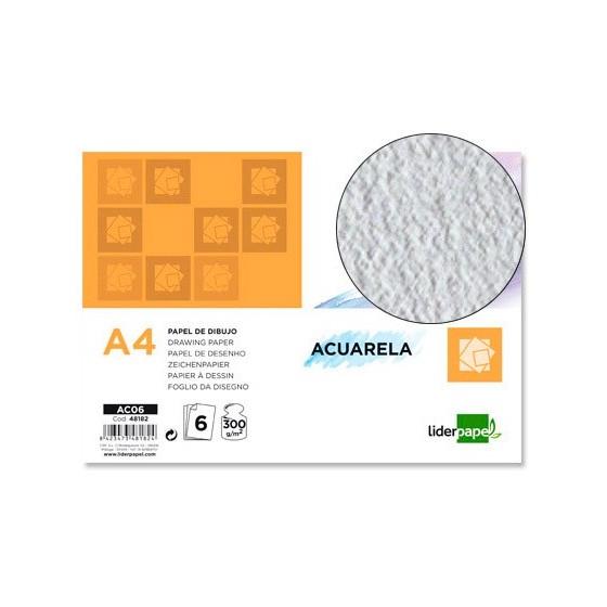 Papel dibujo liderpapel 210x297mm 300g/m2 acuarela pack de 6