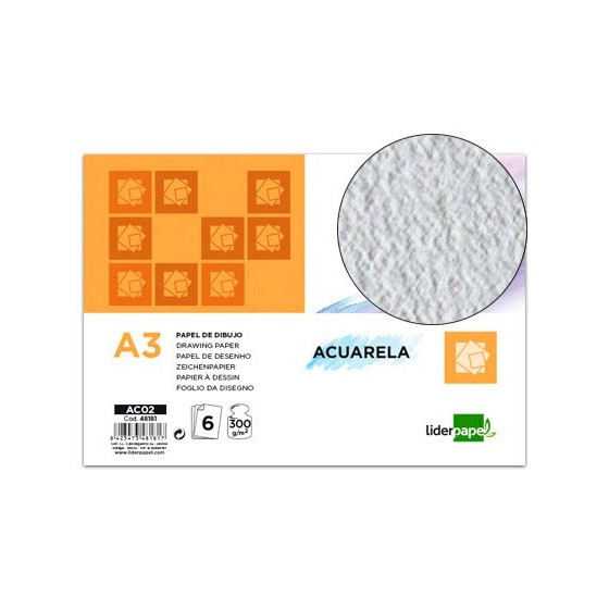 Papel dibujo liderpapel 297x420mm 300g/m2 acuarela pack de 6