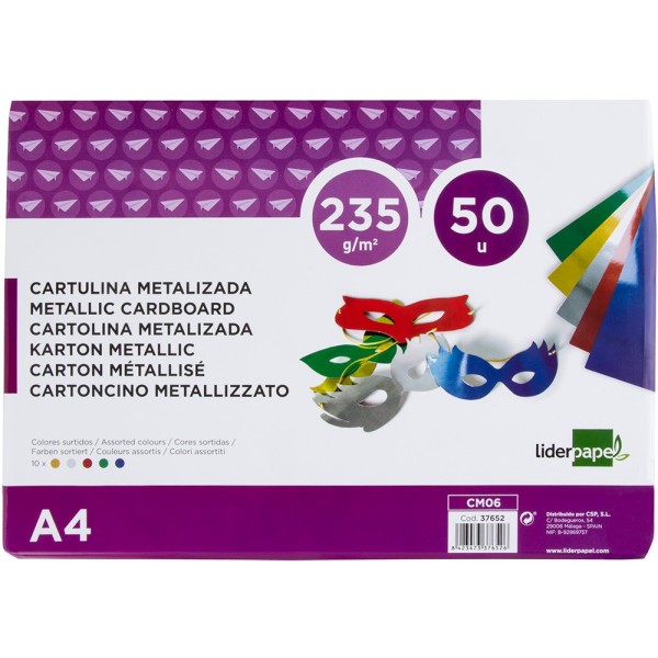 Cartulina liderpapel a4 235 g/m2 metalizada 5 colores surtidos paquete de 50