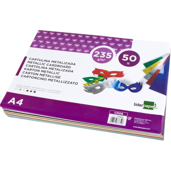 Cartulina liderpapel a4 235 g/m2 metalizada 5 colores surtidos paquete de 50