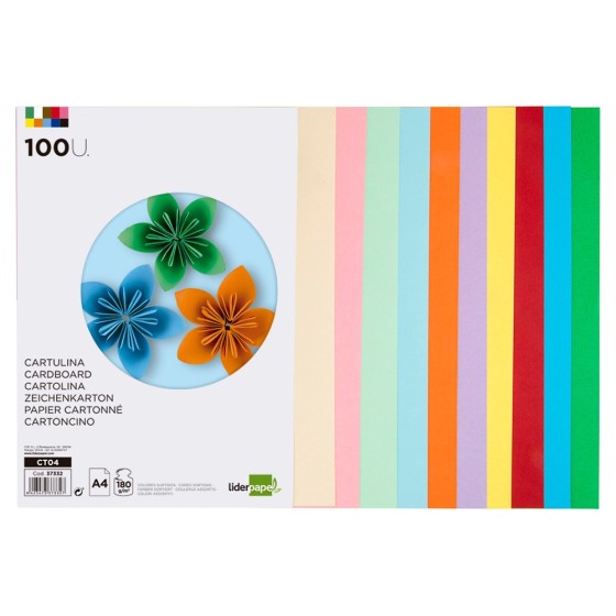 Cartulina liderpapel a4 180g/m2 10 colores surtidos paquete de 100 hojas
