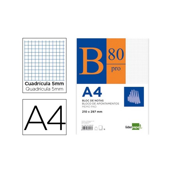 Bloc notas liderpapel cuadro 5mm a4 80 hojas 60g/m2 encolado