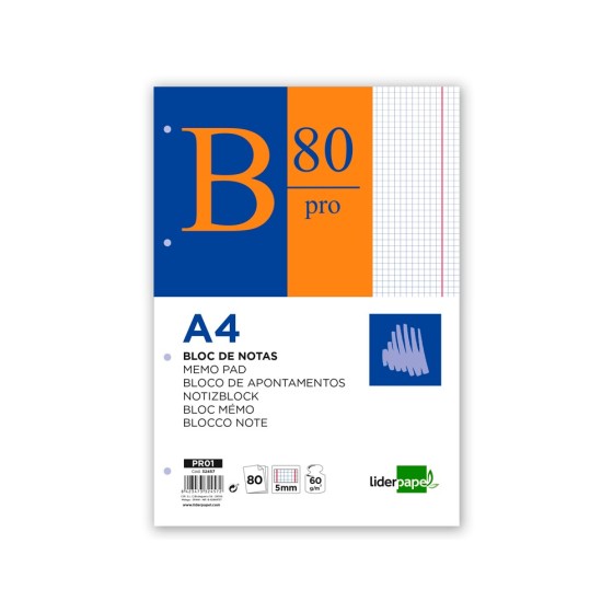 Bloc notas liderpapel cuadro 5mm a4 80 hojas 60g/m2 encolado
