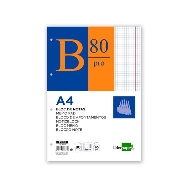 Bloc notas liderpapel cuadro 5mm a4 80 hojas 60g/m2 encolado