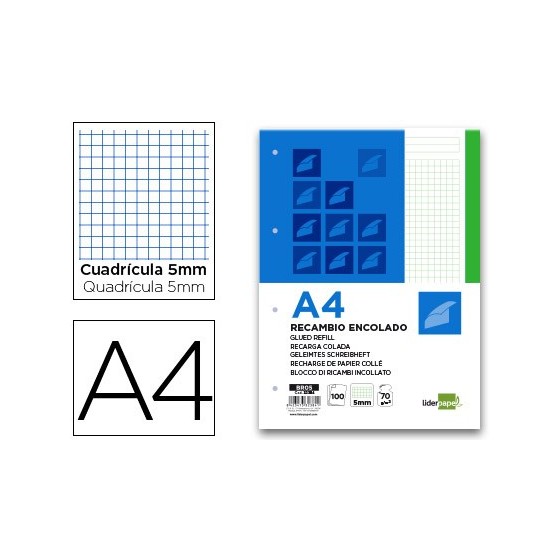 Bloc encolado liderpapel cuadro 5mm verde a4 natural 100 hojas 70 g/m2