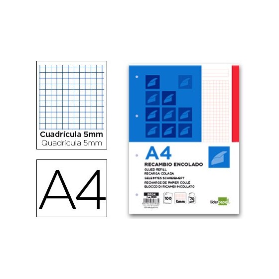 Bloc encolado liderpapel cuadro 5mm rojo a4 natural 100 hojas 70 g/m2