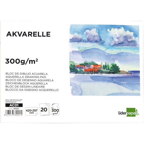 Bloc dibujo liderpapel acuarela encolado 297x420mm 20 hojas 300g m2 sin recuadro