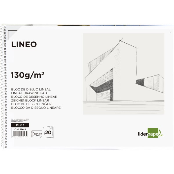 Bloc dibujo liderpapel lineal espiral 230x325mm 20 hojas 130g/m2 con recuadro 2 taladros perforado