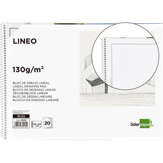 Bloc dibujo liderpapel lineal espiral 230x325mm 20 hojas 130g/m2 con recuadro perforado