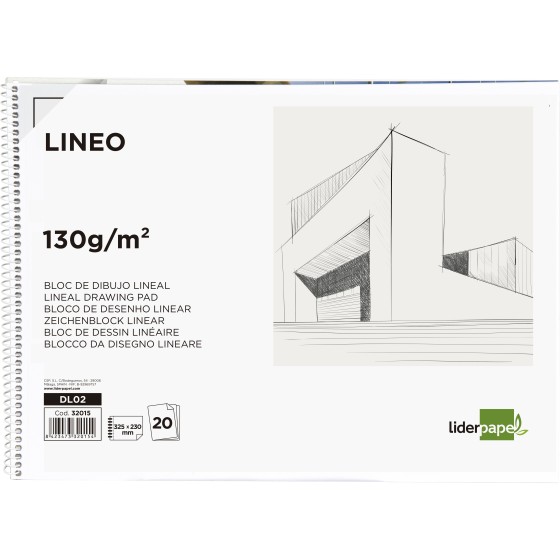 Bloc dibujo liderpapel lineal espiral 230x325mm 20 hojas 130g/m2 con recuadro perforado