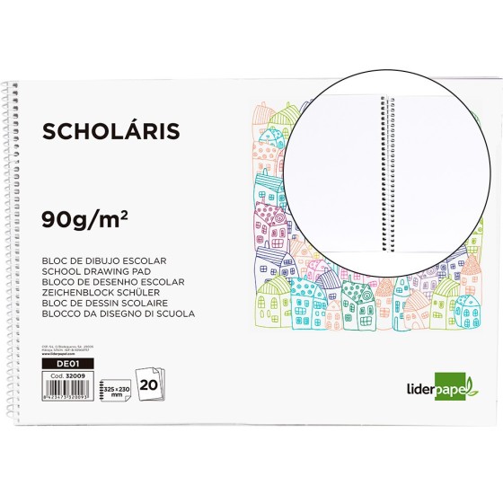 Bloc dibujo liderpapel escolar espiral 230x325mm 20 hojas 90g m2 sin recuadro