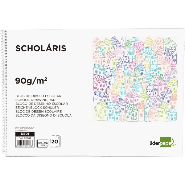 Bloc dibujo liderpapel escolar espiral 230x325mm 20 hojas 90g m2 sin recuadro